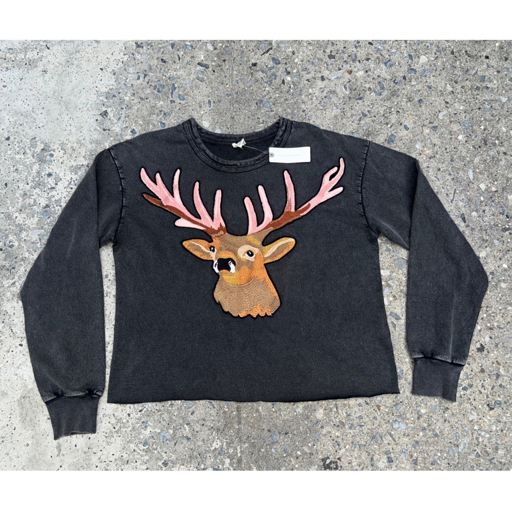 Anthropologie Tiny Embroidered Reindeer Crewneck Sweatshirt XS Grey NWT